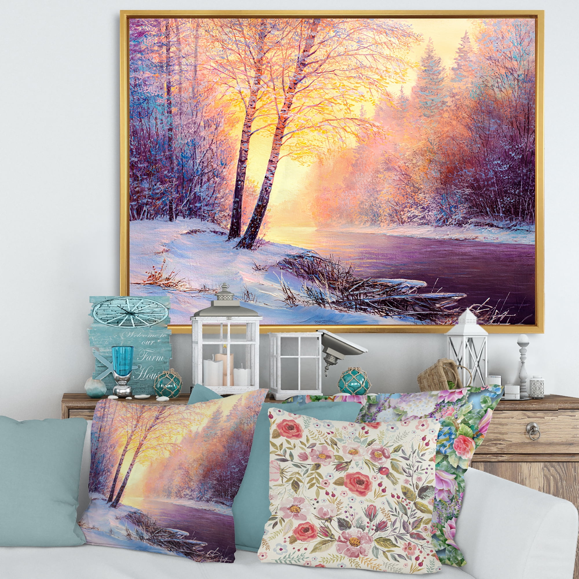 Bridge Of Meandering River With Winter Scenery II 32 in x 24 in Framed Painting Canvas Art Print, by Designart