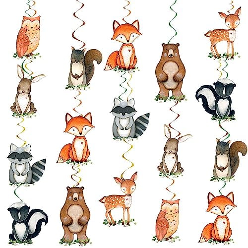16Pcs Woodland Baby Shower Hanging Swirls Decorations, Woodland Animal Swirls Ceiling Streamers Decor, Forest Themed Birthday Party Supplies, Wild One Birthday Party Decorations for Boys Kids