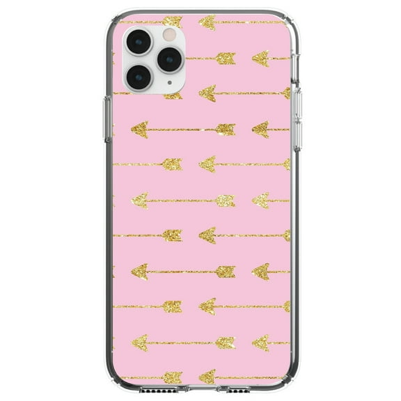 DistinctInk Clear Shockproof Hybrid Case for iPhone 13 Pro MAX (6.7" Screen) - TPU Bumper, Acrylic Back, Tempered Glass Screen Protector - Pink & Gold Print - Arrows Pattern