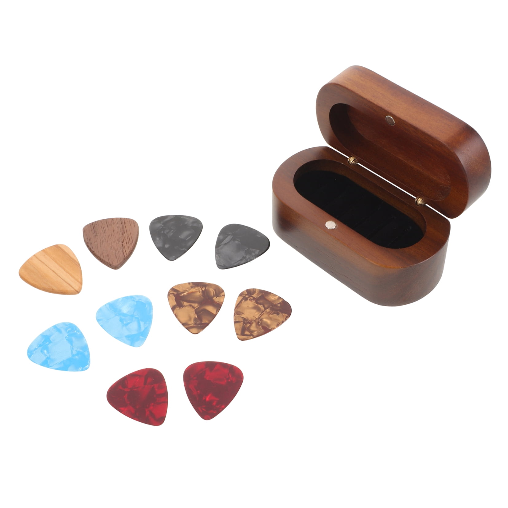 LOLIPPYY Wooden Guitar Pick Holder Case with 10 Picks - Portable Storage Box for Guitar Players and Musicians