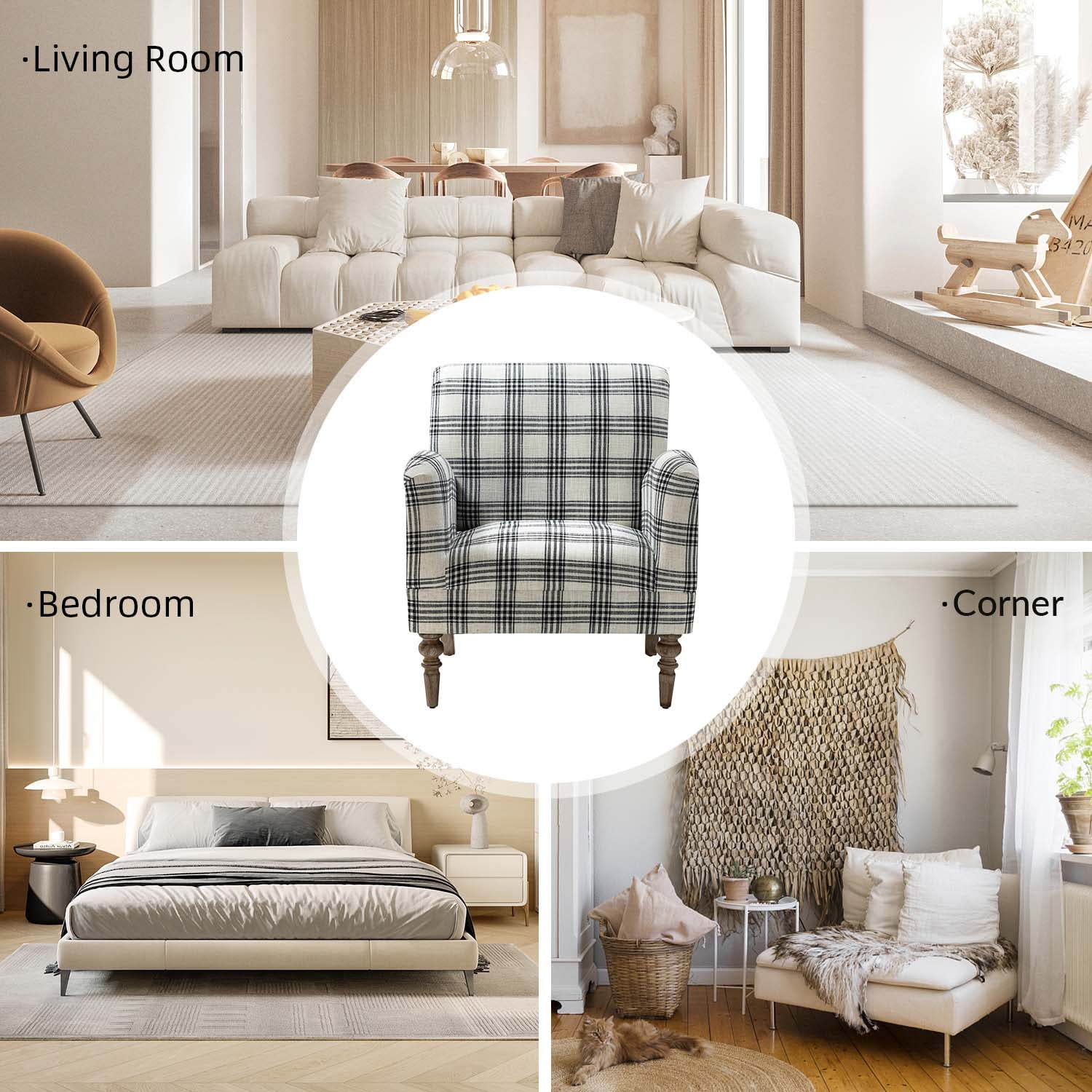 Modern Plaid Accent Chair Upholstered Black Armchair Adult Home Bedroom Living Room