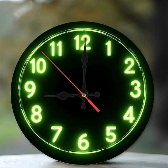 Green Neon Clock Wall Decor Room Lighting 10-Inch Silent Wooden Wall Clock, Battery Operated (AA Batteries Not Included), Artistic Home Decor