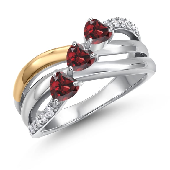 Gem Stone King 925 Silver and 10K Yellow Gold Red Garnet and Lab Grown Diamond Engagement Ring for Women | 1.08 Cttw | Heart Shape Gemstone January Birthstone | Size 6