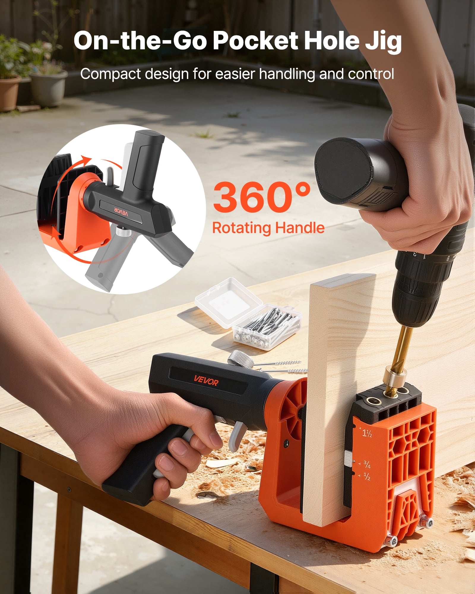 VEVOR Pocket Hole Jig Kit, 1/2", 3/4", 1-1/2" Adjustable, 360° Rotating Handle, Jig Pocket Hole System with 260 Screws, C-Clamp, Stop Collar, Drill Bit, Easy Clamping and Adjusting, for Woodworking
