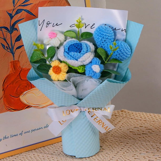 Ramo de flores de crochet terminado, arreglos florales de rosas de crochet, flores decorativas de para suministros de fiesta, decoración del Azul