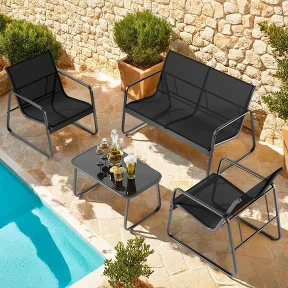 Patio Furniture Sets for 4,Lofka 4 Pieces Outdoor Furniture with Loveseat, Rust Proof Chairs,Patio Bistro Table for Lawn,Blackyard,Black