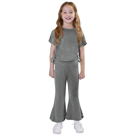 AINIYS Girls Long Sleeve Crew Neck Pullover Drapey Stretchy Stylish Two Piece Top And Flare Pants Set For Casual Commute Daily Gray 4 Years