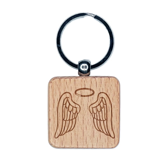 Angel Wings with Halo Square Keychain Charm Tag - Engraved Wood