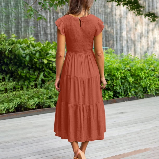 Cavosen Beach Dress Women Orange Short Sleeve Summer Long Dresses Fashion  Tiered Flared Dress Plain Casual Dress Crewneck Dress Loose Fit Going Out  Dresses Vacation Clothes M - Walmart Business Supplies