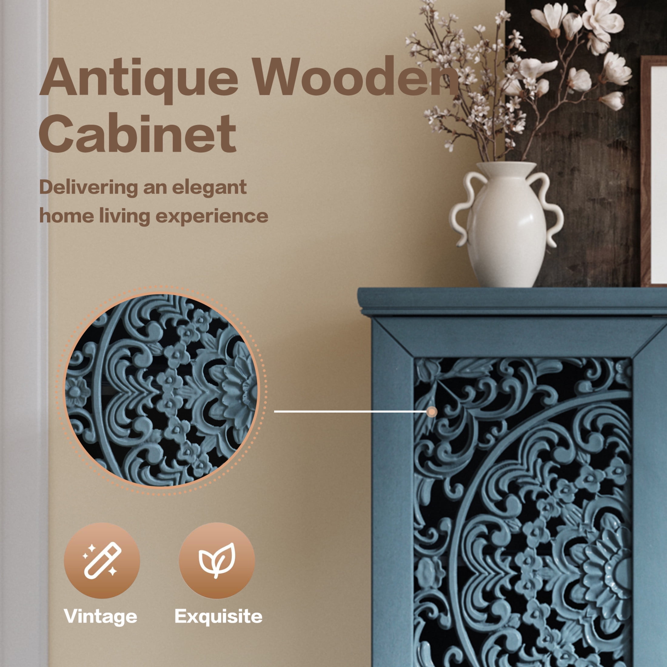 Noble house Rustic Tall Storage Cabinet with Drawer, Carved 2-Door Cabinet with Solid Wood Legs,Antique blue
