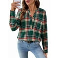 thumbnail image 2 of Women'S V Neck Plaid Shirts Dressy Casual Button-Down Business Work Boho Tops Long Sleeve Fall Outfits Dark Green M, 2 of 9