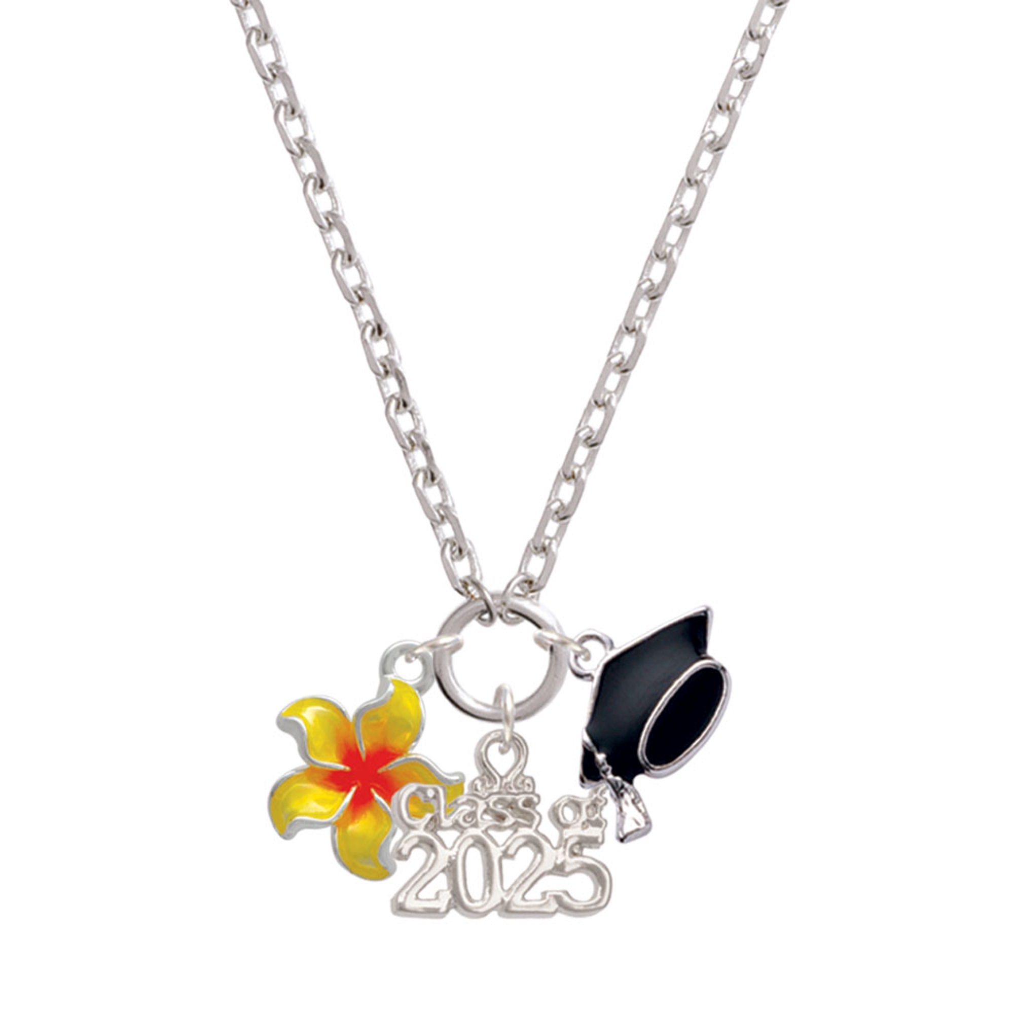 Delight Jewelry Silver-tone Yellow and Orange Plumeria Flower - Silver-tone Class of 2025 Graduation Zoey Necklace, 28"