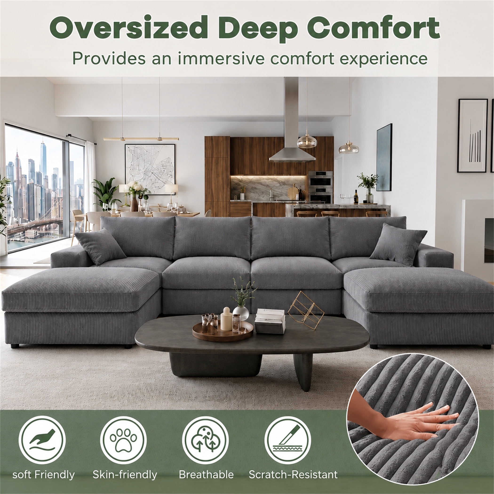 Aukfa 135" Oversized U shape Sectional Couch Modular Sofa for Living Room, 2 Ottoman&Pillows, 25" Deep Seat, Corduroy, Dark Gray