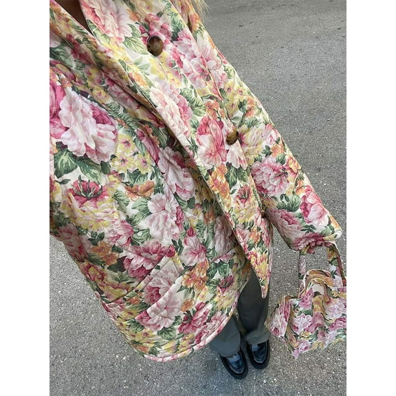 New Floral Printed Cotton Jacket For Women Long Sleeve Single Breasted Causal Coat 2024 Autumn Winter Lady Quilting Outwear
