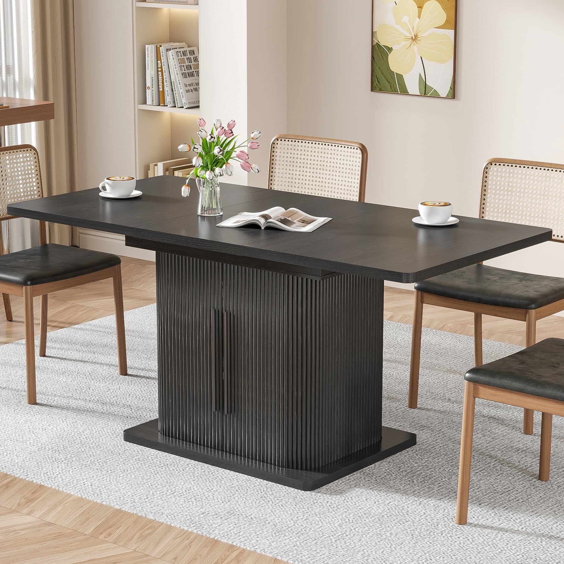 Extendable Black Dining Table 47-65", Seats 4-6, Fluted Wood Kitchen Table with Storage, Sliding Doors, Space Saving, Black