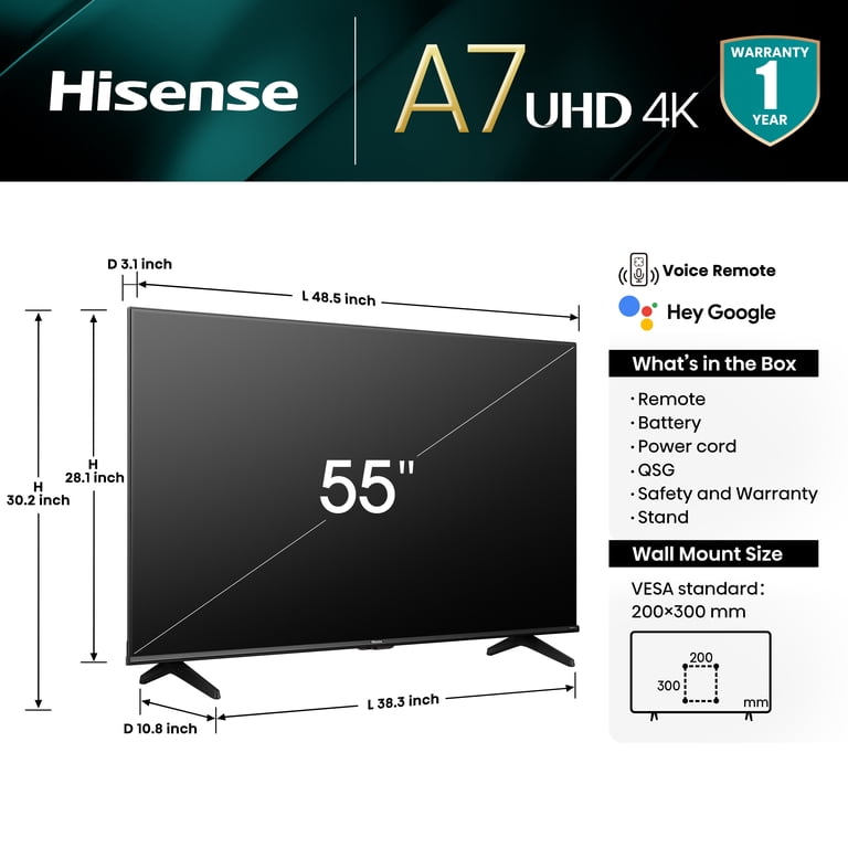 Hisense 55-Inch Class A7 Series Dolby Vision HDR 4K UHD Google 