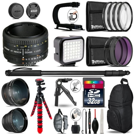 Nikon AF 50mm f/ 1.8D -Video Kit + LED KIt + Monopad - 32GB Accessory (Best F Stop For Portraits 50mm)