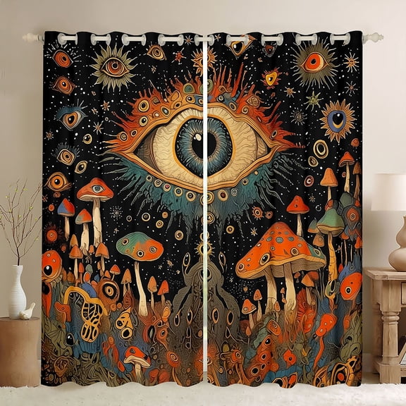 Homewish Boho Bohemain Blackout Curtains Set of 2 (52x84 Each),Rustic Fungus Mushroom Window Curtains,Orange Black Curtains and Drapes For Kids,Super Cozy Room Decor