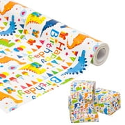 Viadom Dinosaur Wrapping PresNok Paper Rolls Colorful Text Happy Design Gift Wrapping Paper Roll for Kids Boys Girls Baby Dinosaur Gift Wrap for Bday Party Holiday Wrap - 17 Inch X 50 Feet