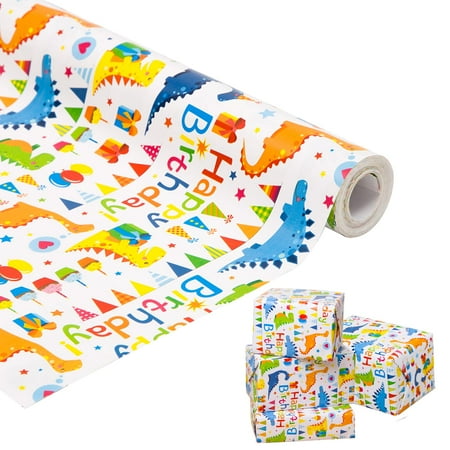 Viadom Dinosaur Wrapping PresNok Paper Rolls Colorful Text Happy Design Gift Wrapping Paper Roll for Kids Boys Girls Baby Dinosaur Gift Wrap for Bday Party Holiday Wrap - 17 Inch X 50 Feet