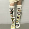 thumbnail image 4 of IWRICH Women's Cable Knit Thigh Socks Ethnic Floral Crochet Knit over Knee High Stockings Tube Leg Warmers Boot Socks White, 4 of 5