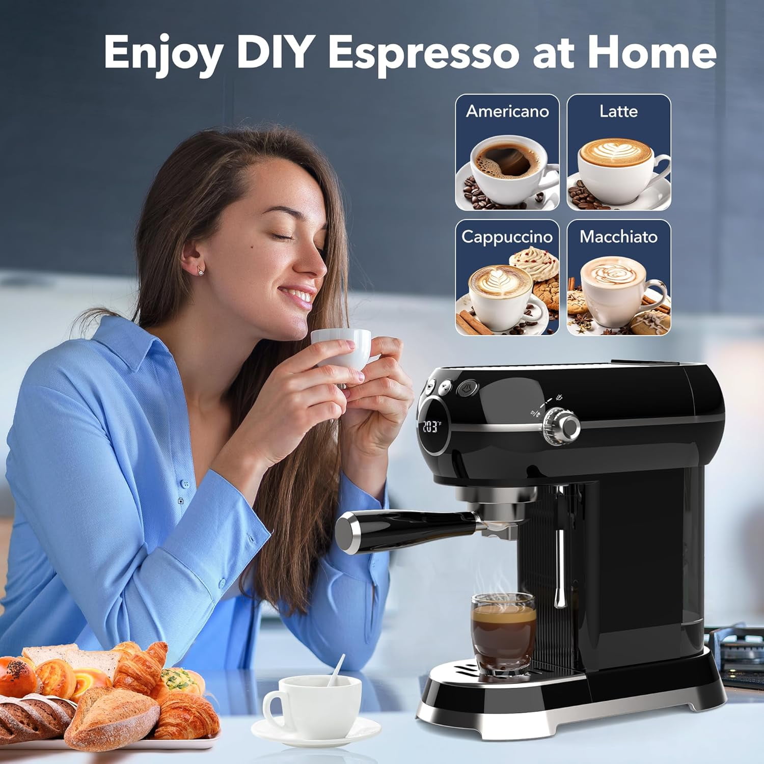 HBN Espresso Machine, 20 Bar Professional Espresso Maker with Milk Frother Steam Wand, Compact Coffee Machine with 27oz Removable Water Tank for Cappuccino, Latte, Americano