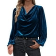 thumbnail image 3 of JURANMO Women Elegant Velvet Tops Cowl Neck Drape Ruched Long Sleeve Shirts Dressy Casual Blouse Fashion Fall T Shirt Navy M, 3 of 7