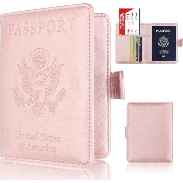 Funda de cuero para pasaporte, billetera de viaje con bloqueo RFID para pasaporte/tarjeta de crédito/boleto aéreo(rosa claro)