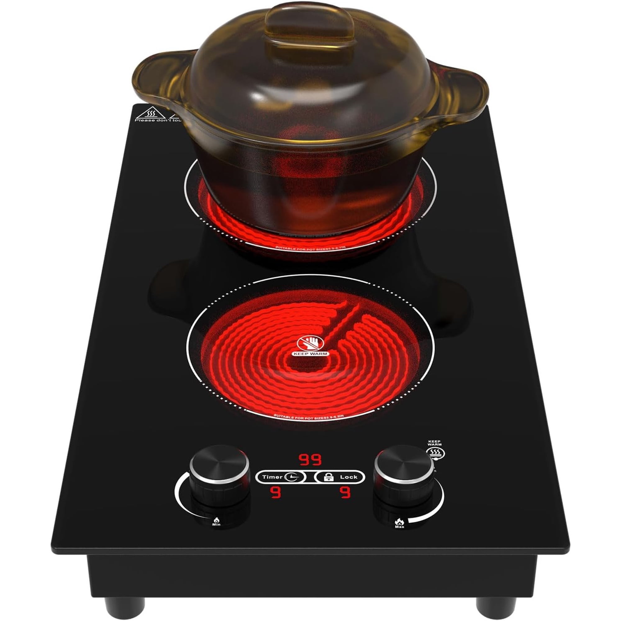 2 Burner Electric Cooktop, 12 Inch -in Ceramic Cooktop, 2100W Plug in Electric Stove Top with Knob Control, Keep Warm, 9 Heating Levels, Timer & Safety Lock, Over-Temperature Protection