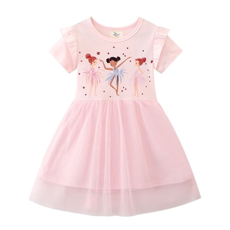 Usaibhir Girls Cotton Short Sleeve Casual Cartoon Printing Lovely Elegant Appliques Unicorn Princess Puffy Dresses 2-7T