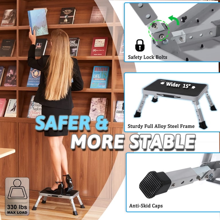 GarfatolRv Aluminum RV Steps, 4-Level Adjustable Folding Step Stool With Non-Slip Rubber Feet, Non-Slip Fluorescent Strip Platform Rv Accessories