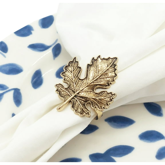 Fennco Styles Antique Rose Gold Maple Leaf Motif Metal Napkin Rings, Set of 4