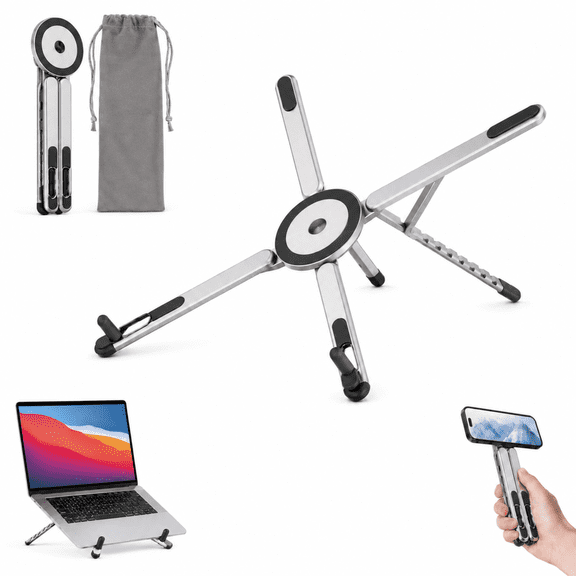 Laptop Stand for Desk, 3-in-1 Foldable Aluminum Laptop Riser with Magnetic Phone Holder, 8-Level Adjustable Portable Computer Stand for MacBook Air Pro, Dell, HP, iPad, iPhone, Office/Travel, Silver