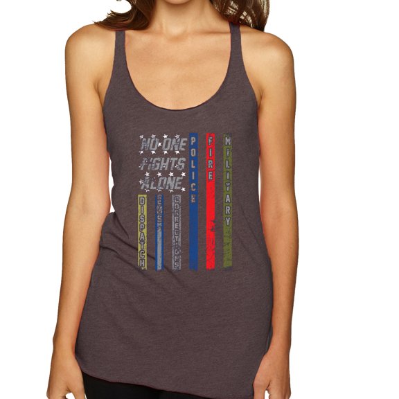 Wild Bobby, No One Fights Alone First Responder Dispatcher EMS Corrections Police Fire Military Unity, Pop Culture, Women Tri-Blend Racerback Tank Top, Brown, Small