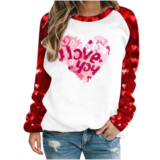 VALMASS Chandails en Molleton à Col Rond pour Femmes de la Saint-Valentin Manches Raglan Hauts Décontractés Mode Imprimé Cœur Pull Blouses (2TG, F Rouge)