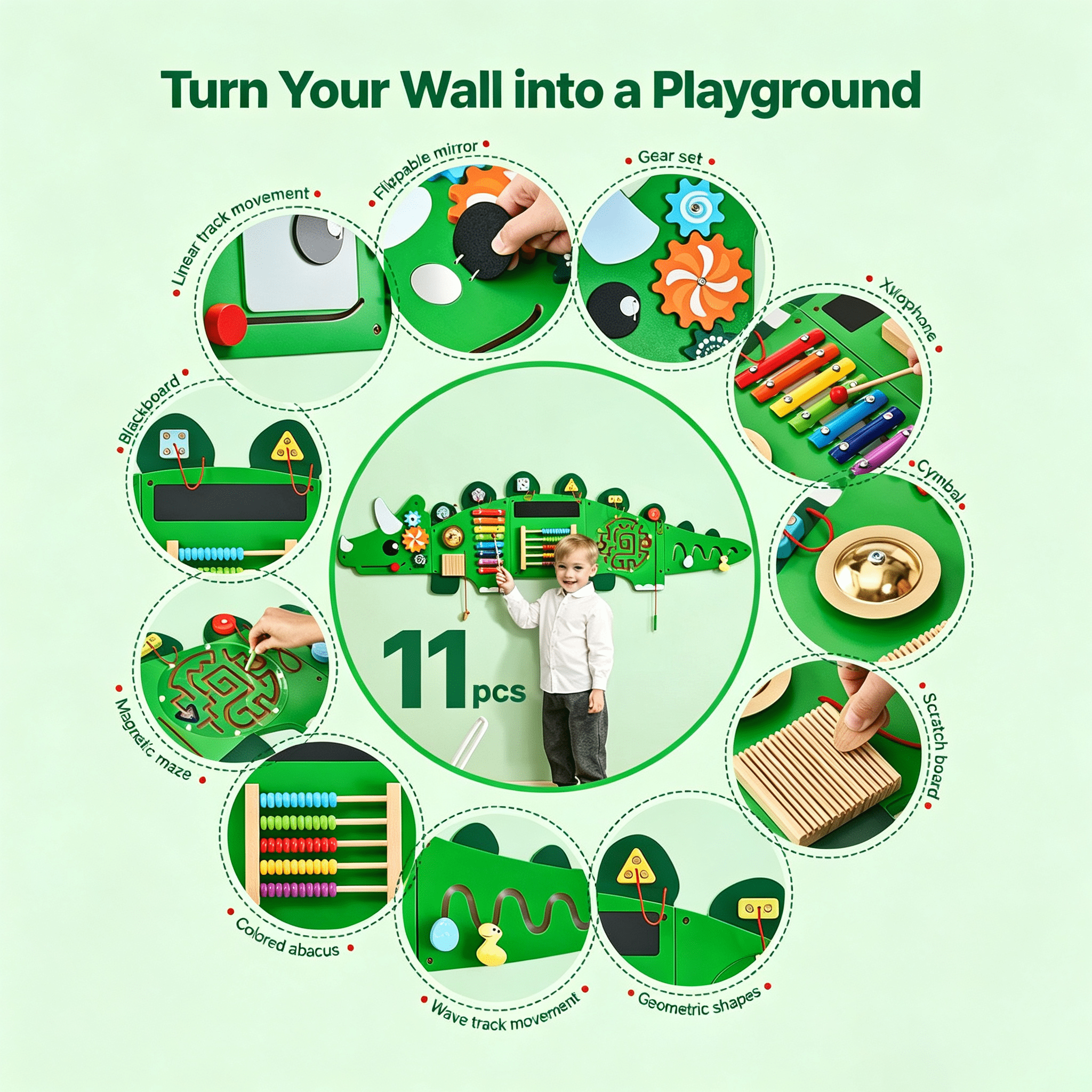 Dinosaur Activity Wall Busy Board Panels, 11 Activities, Montessori Sensory Wall Toy for Kids 3-12 Years, Montessori Learning Activity Center, Ideal for Toddler Playroom Nursery Classroom