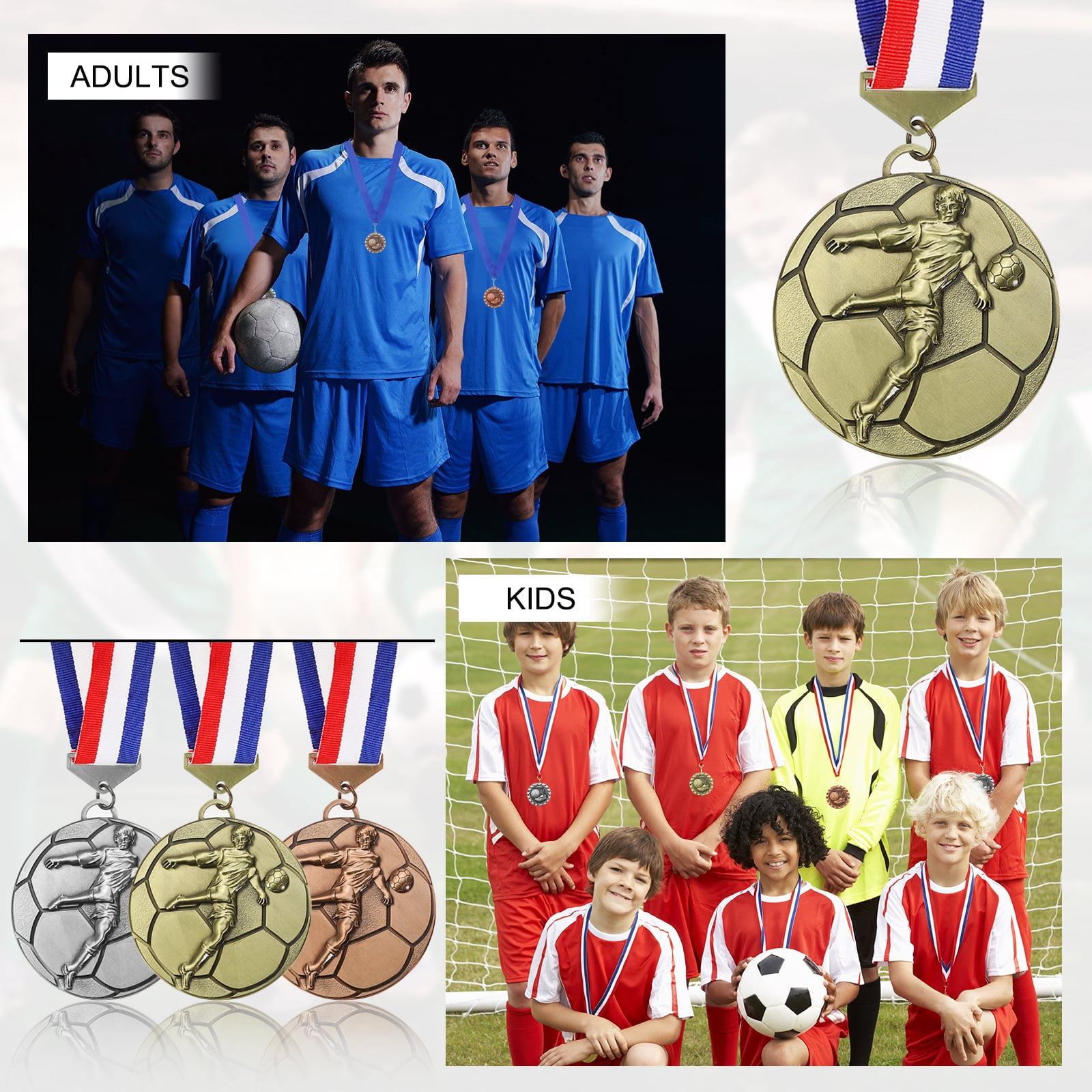 Uxcell Football Events Gold Silver Bronze Award Medals with Red & White & Blue Ribbons, 9 Pcs Winner Medals Prizes for Competitions Sports Party, Gold/Silver/Red