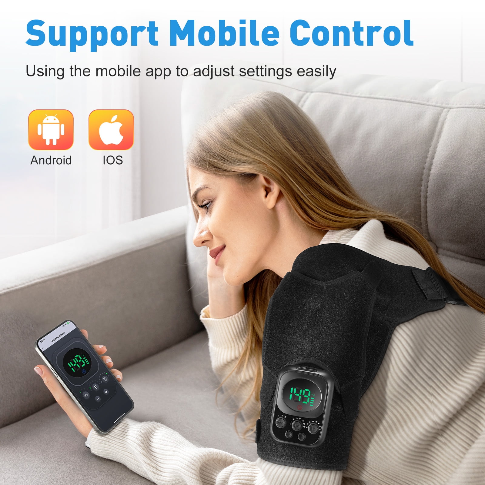 Heated Shoulder Massager, Heating Shoulder Pad with 8 Modes, 3 Speed Vibration, 6 Heat Levels, App Control, Detachable Controller, 5000mAh Battery, Portable for Shoulder Relaxation