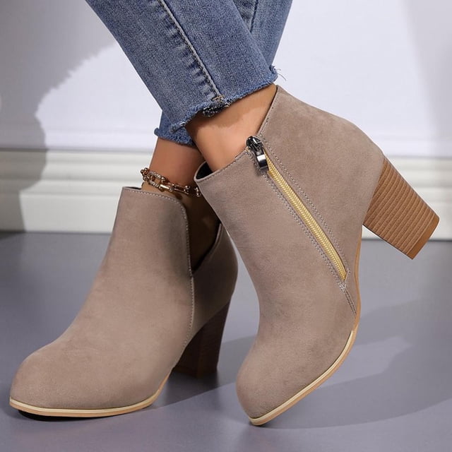 Styesk Boots for Women Women's Fashion Casual Spring Short Boots Solid Color Round Toe Side Zipper Thick Heel Mid Heel Ankle Boots Work Boots for Women