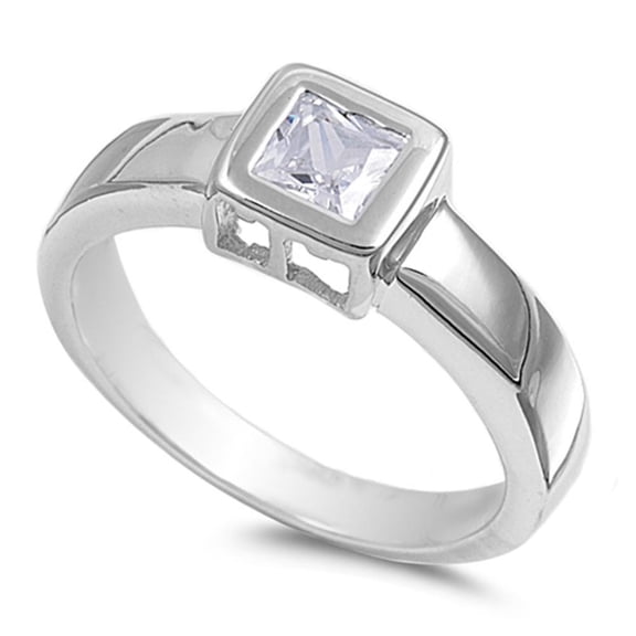 Clear CZ Square Bezel Solitaire Wedding Ring 925 Sterling Silver Band White Female Size 9