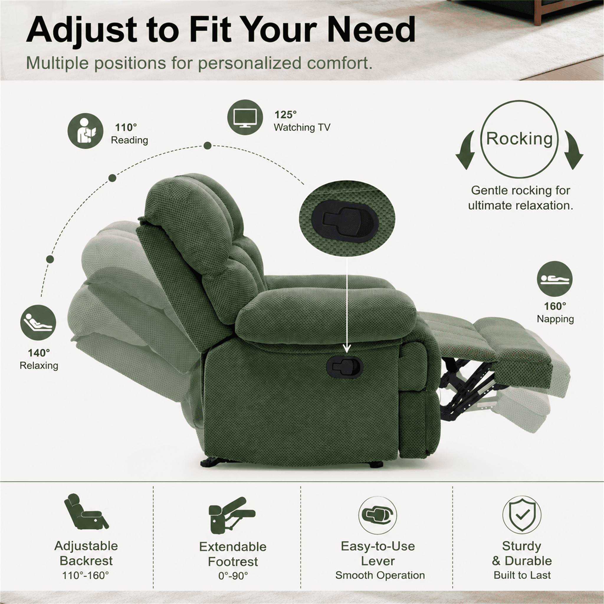 Homy Casa Manual Rocking Recliner Chair, Upholstered Lounge Seat for Nursery or Bedroom, Green