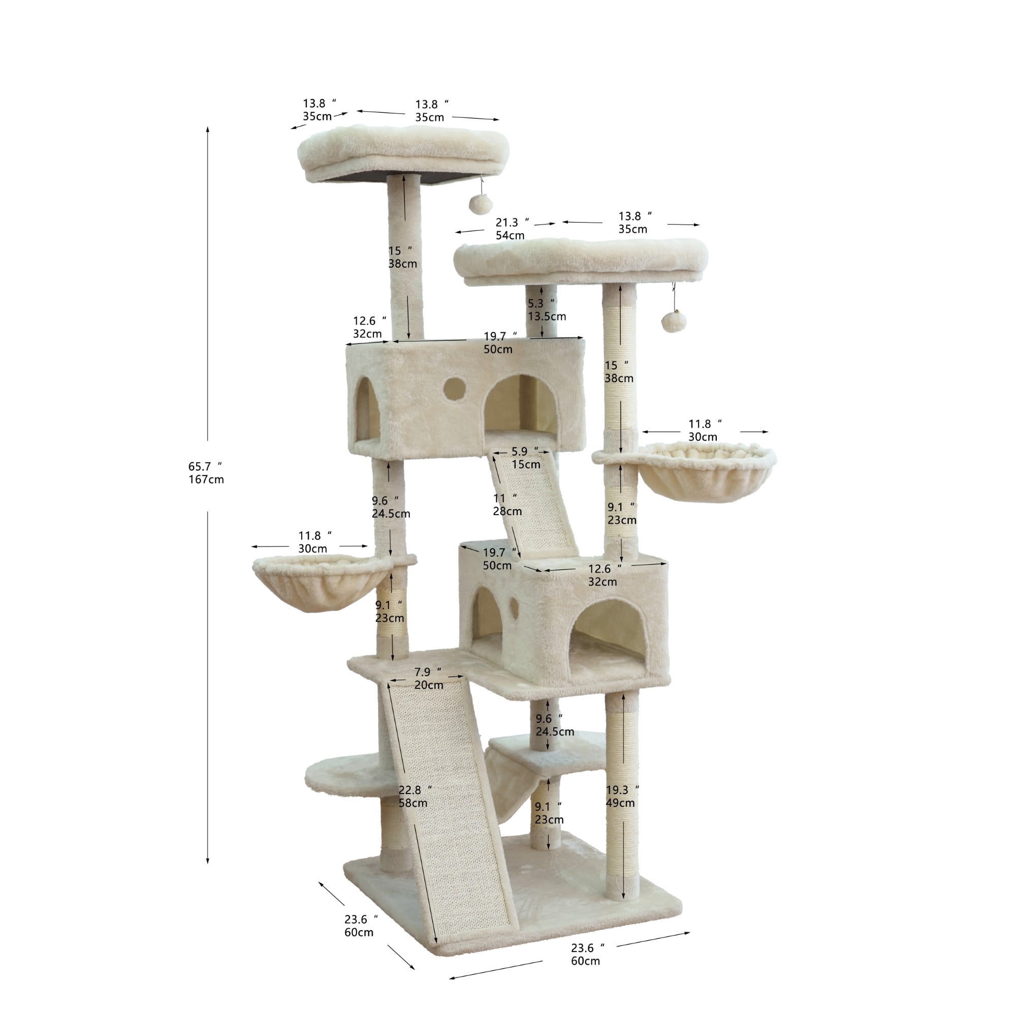 Vibrant Life Heavy Duty 8-Level 66" Cat Tree with Two Condos, Scratching Ramps, and Hammocks, Beige