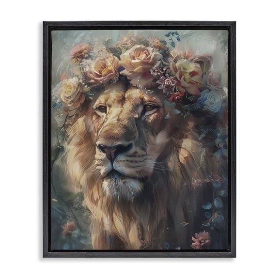 Stupell Industries Lion with Rose Garland Animals Painting Black Floater Framed Canvas Art Print Wall Art, 17 x 21