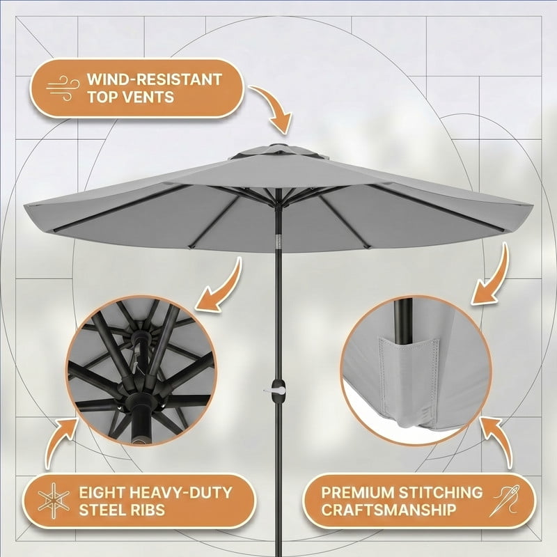 Lacoo 9' Outdoor Patio Umbrella, Market Table Umbrella with Push Button Tilt, 8 Heavy-Duty Steel Ribs & Wind Vents, Gray