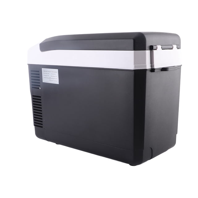 refrigerador pequeño, refrigeración de 56 w, sin ruido, 12 l, 12 v, 110 v, congelador pequeño, calefacción de 50 w, multifunción para acampar Mini refrigerador Anggrek 12 L en ABS, vista 3/4 lateral con tapa gris claro y cuerpo negro, ventilación lateral y pestillo visibles; doble alimentación 12 V (auto) y 110 V (hogar) y modos de refrigeración y calefacción, apto para camping y viajes.