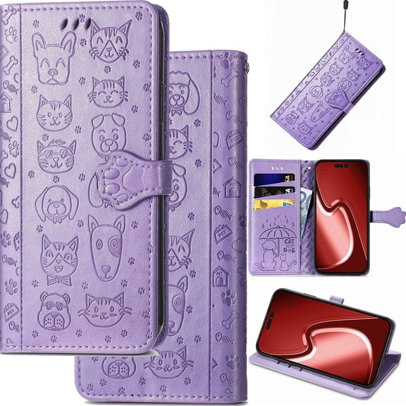 Wallet Phone CaseFor iPhone 16 Pro Max 16Pro 15 Pro Max 14ProMax 13 12 11 X XR XsMax Phone Leather Case, Relief Cartoon Cat Dog Folio Flip Cover, Card Holder Cash Slot, Magnetic Cute Cat Paw Clasp