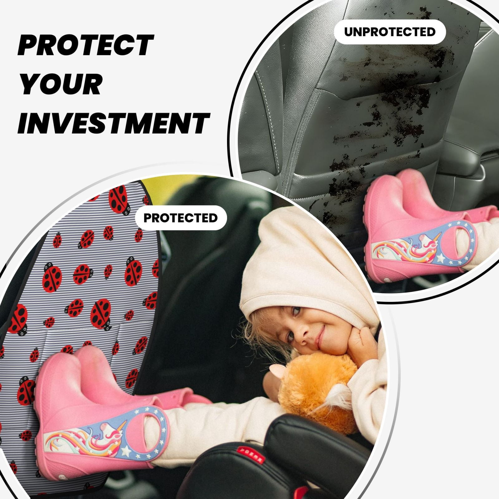 Naloa Ladybug 2Pcs Anti-Kick Back Seat Cover Kick Mat, Car Seat Protector with 3 Storage Pockets