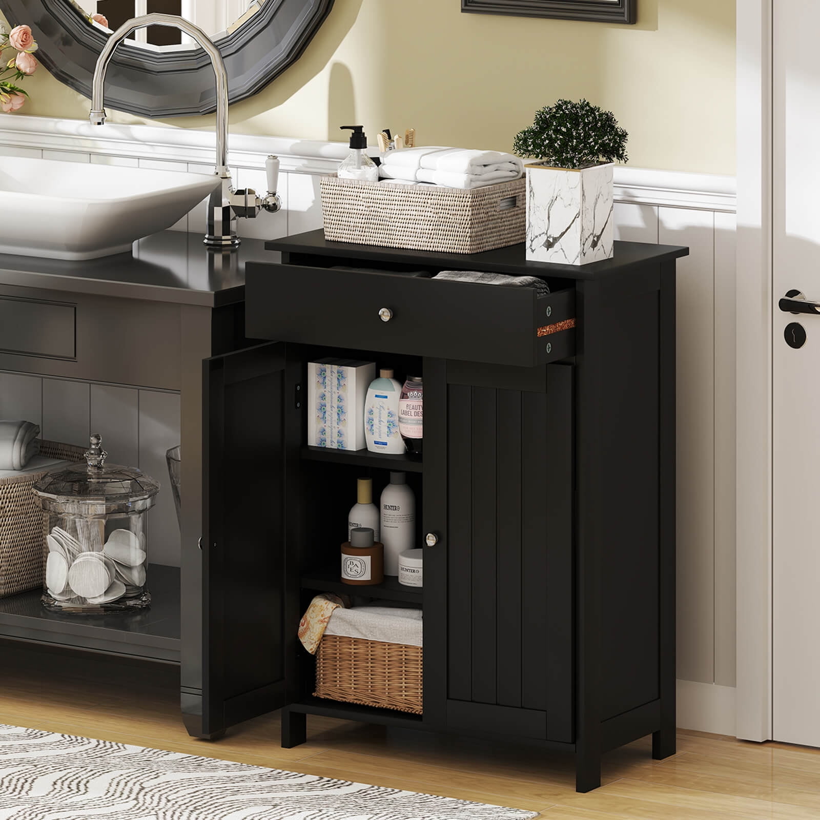 Costway Bathroom Floor Cabinet Freestanding Storage Organizer with 2 Doors Storage Cabinet Black