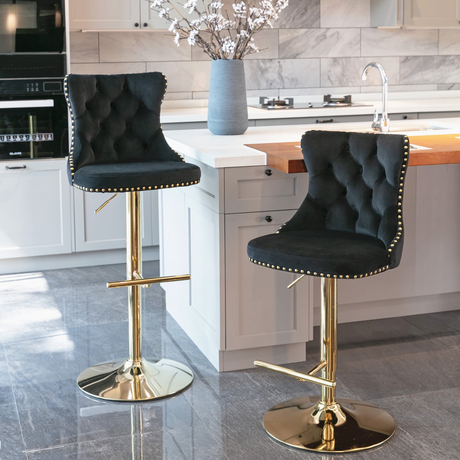 Swivel Bar Stools Set of 2, PAPROOS 25-33''Adjustable Height Bar Stool with Back, Velvet Upholstered Counter & Bar Height Bar Stool with Button Tufted & Nail Trim, Kitchen Island Chair, Black & Gold