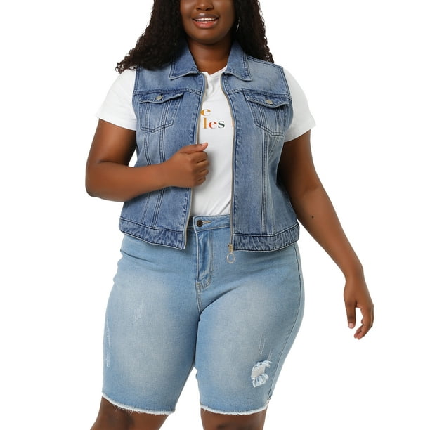 Agnes Orinda Juniors Plus Size Trucker Zipper Front Sleeveless Denim Jacket Walmart.com